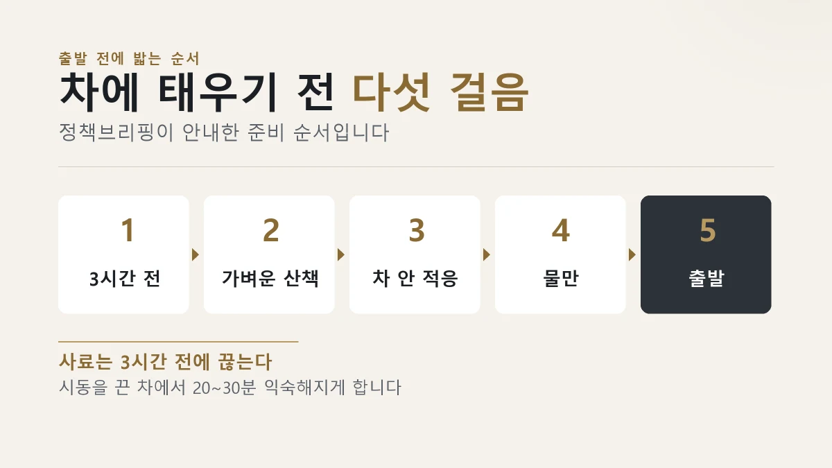 강아지를 차에 태우기 전에 밟는 준비 다섯 걸음을 그린 그림