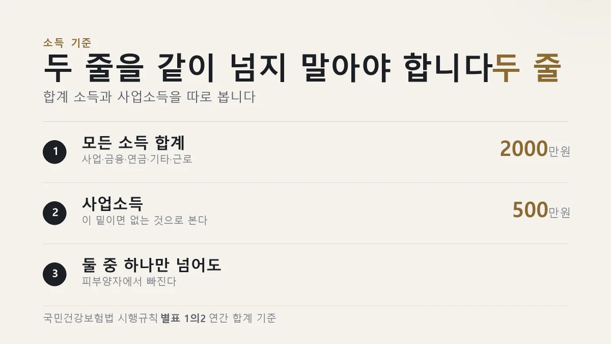 건강보험 피부양자 소득 요건 두 가지 기준을 정리한 표