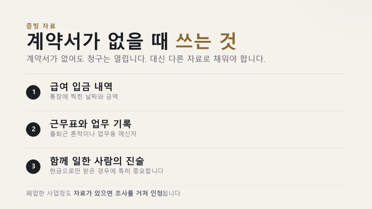 고용보험 소급 가입 청구에서 계약서가 없을 때 쓸 수 있는 증빙 자료