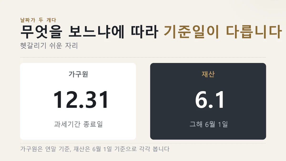 근로장려금에서 가구원은 12월 31일, 재산은 6월 1일을 기준으로 본다는 것을 견준 그림