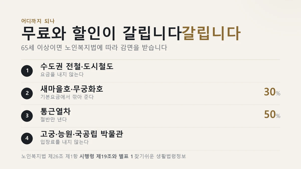 65세 이상 노인의 교통·시설 요금 감면 범위를 정리한 표
