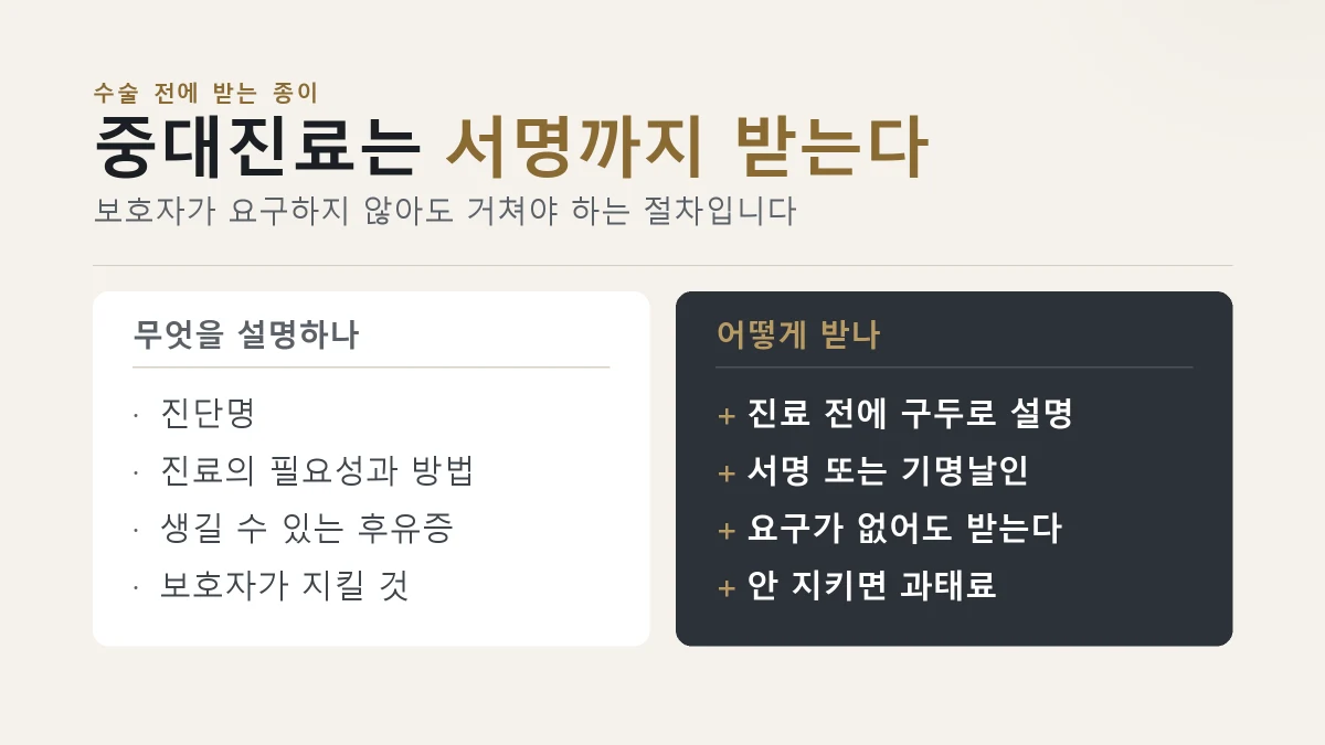 동물병원 중대진료 전 설명 항목과 동의를 받는 방법을 견준 그림