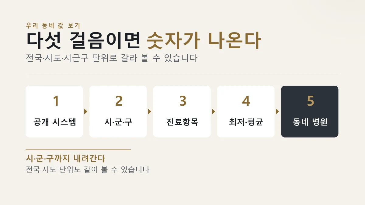 동물병원 진료비 공개 시스템에서 우리 동네 값을 찾는 다섯 걸음을 그린 그림