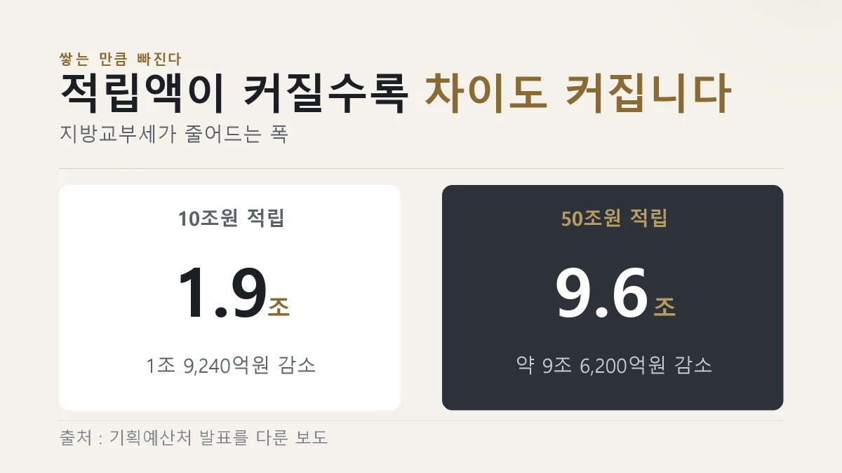 미래대응기금 적립액이 10조원과 50조원일 때 지방교부세가 줄어드는 폭을 견준 그림