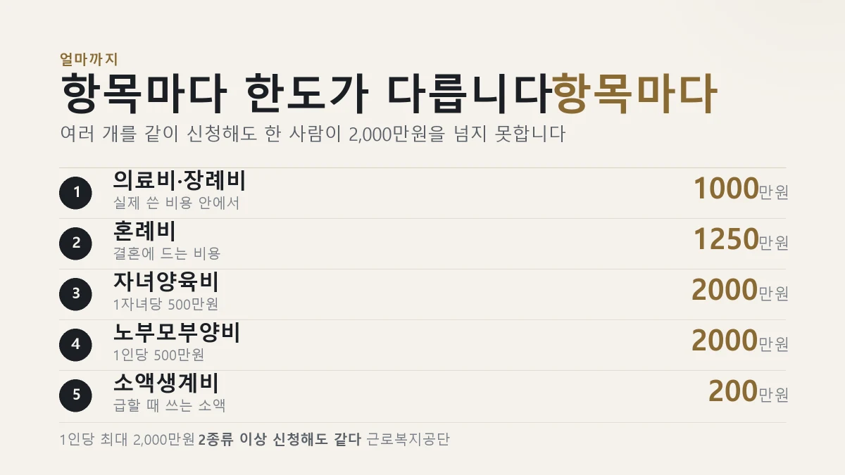 생활안정자금 융자 항목별 한도 금액을 정리한 표