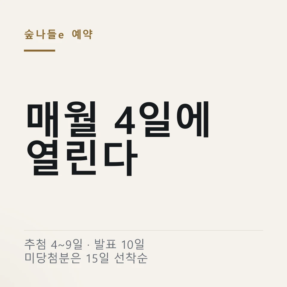 숲나들e 국립자연휴양림 예약 방법 ｜ 추첨 매월 4~9일 · 발표 10일 · 미당첨분 15일 선착순