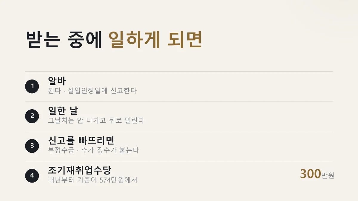 실업급여 수급 중 알바와 재취업 시 처리 방법을 정리한 그림