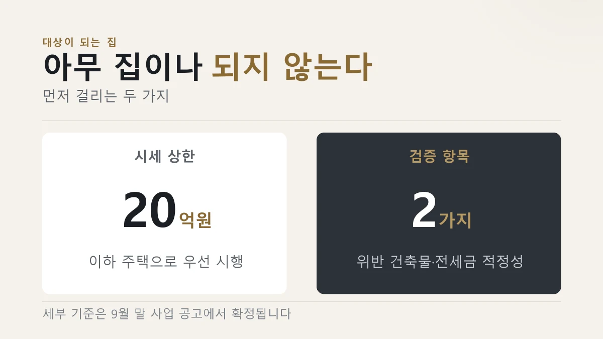 전월세 안심신탁 대상 주택이 시세 20억원 이하이고 검증 항목이 두 가지라는 것을 나눠 적은 그림