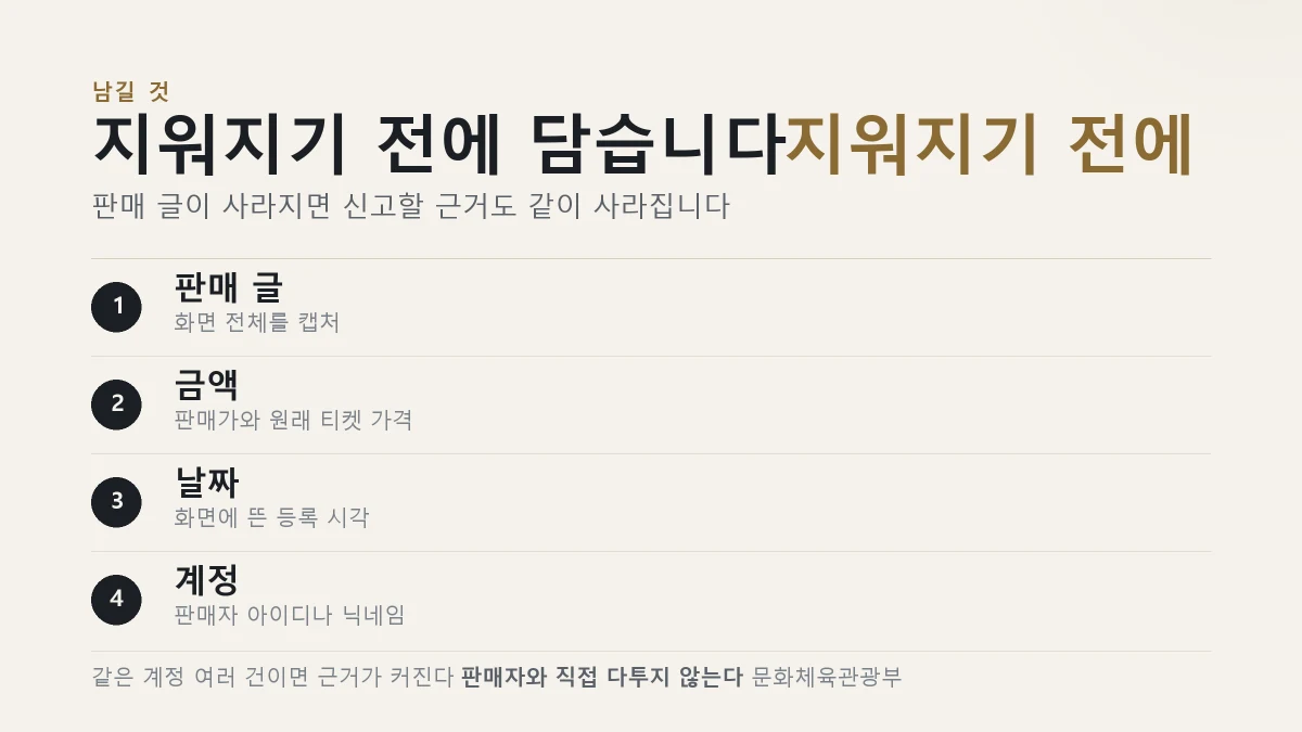 암표 신고 전에 남겨 둘 자료를 정리한 표