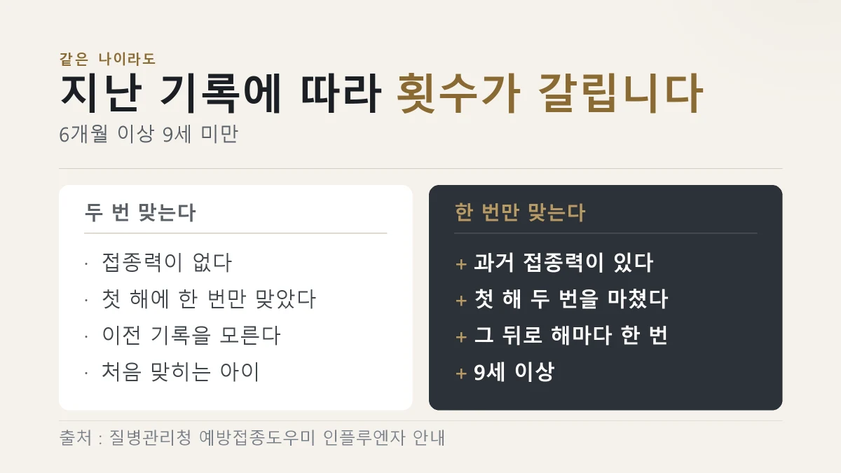 어린이 독감 예방접종에서 두 번 맞는 경우와 한 번만 맞는 경우를 견준 그림