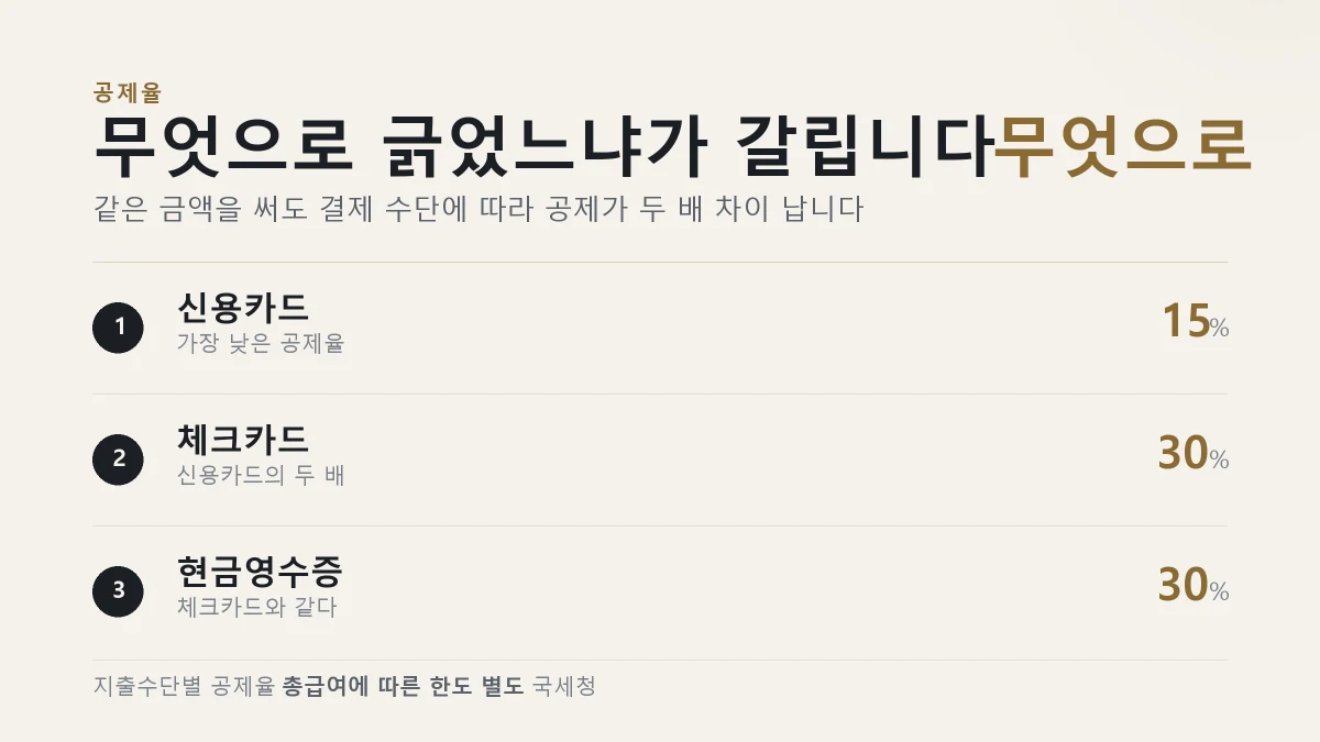 신용카드 체크카드 현금영수증의 소득공제율을 정리한 표