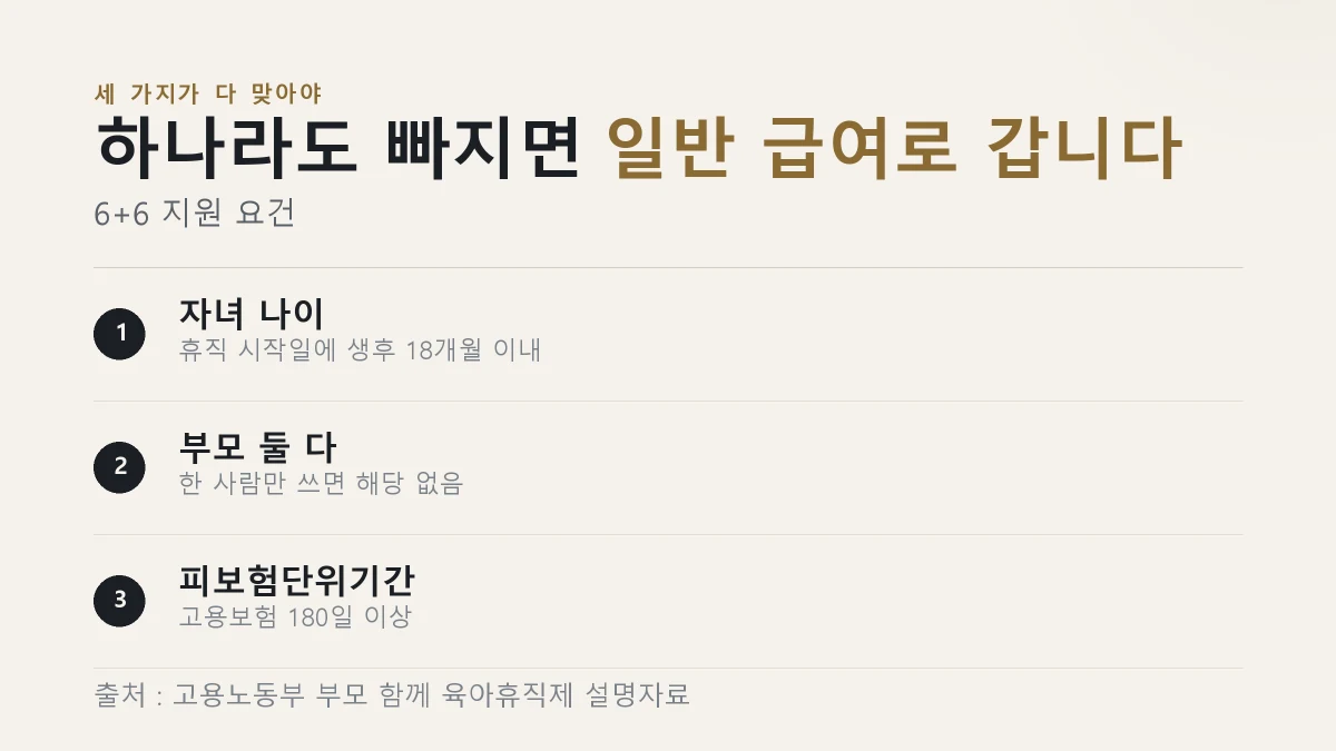 6+6 부모육아휴직제 지원 요건 세 가지를 정리한 그림
