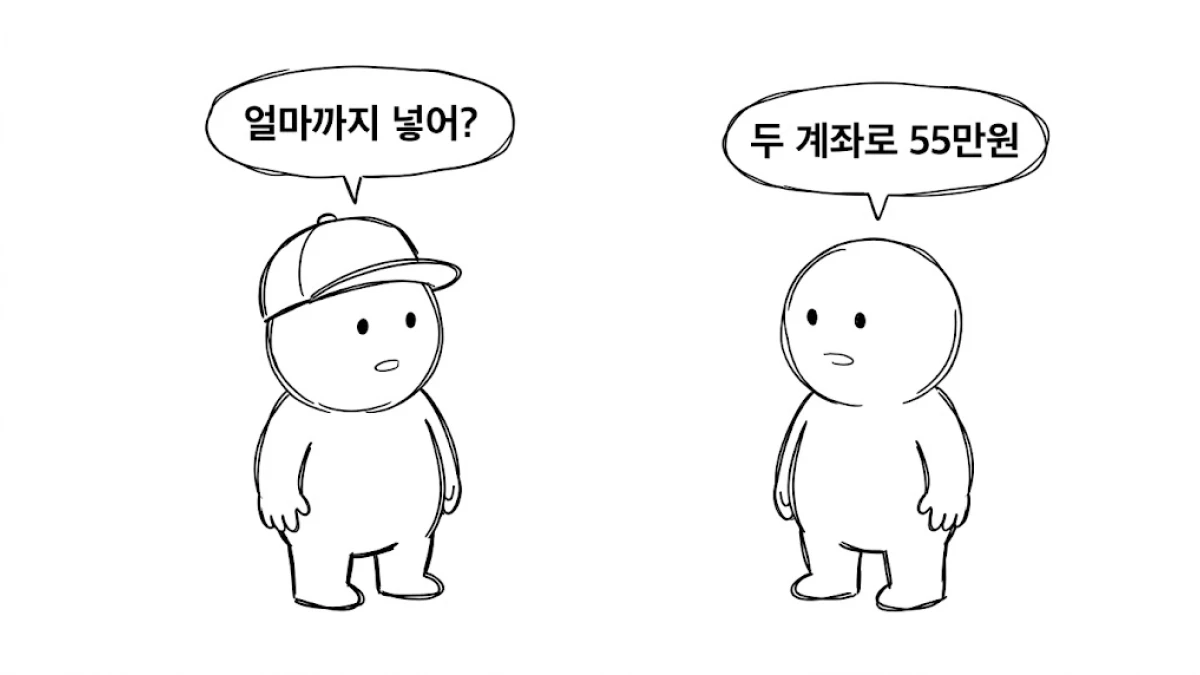 서로 다른 은행 두 계좌로 월 55만원까지 넣는 것을 설명하는 장면