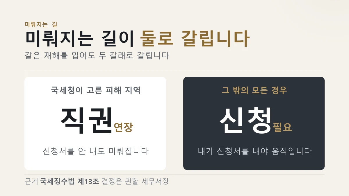 직권으로 연장되는 경우와 스스로 신청서를 내야 하는 경우를 갈라 보여 주는 이미지
