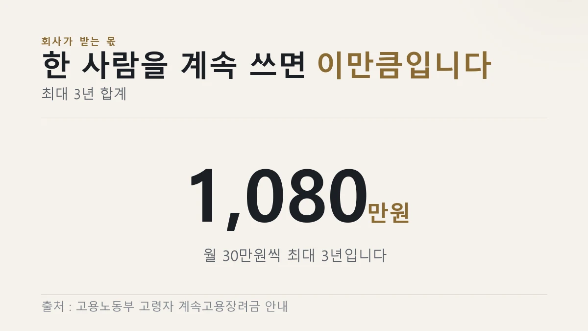 고령자 계속고용장려금이 근로자 한 명당 최대 3년 1080만원이라는 것을 크게 적은 그림