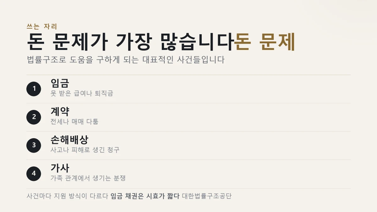 법률구조로 도움받을 수 있는 사건 종류를 정리한 표