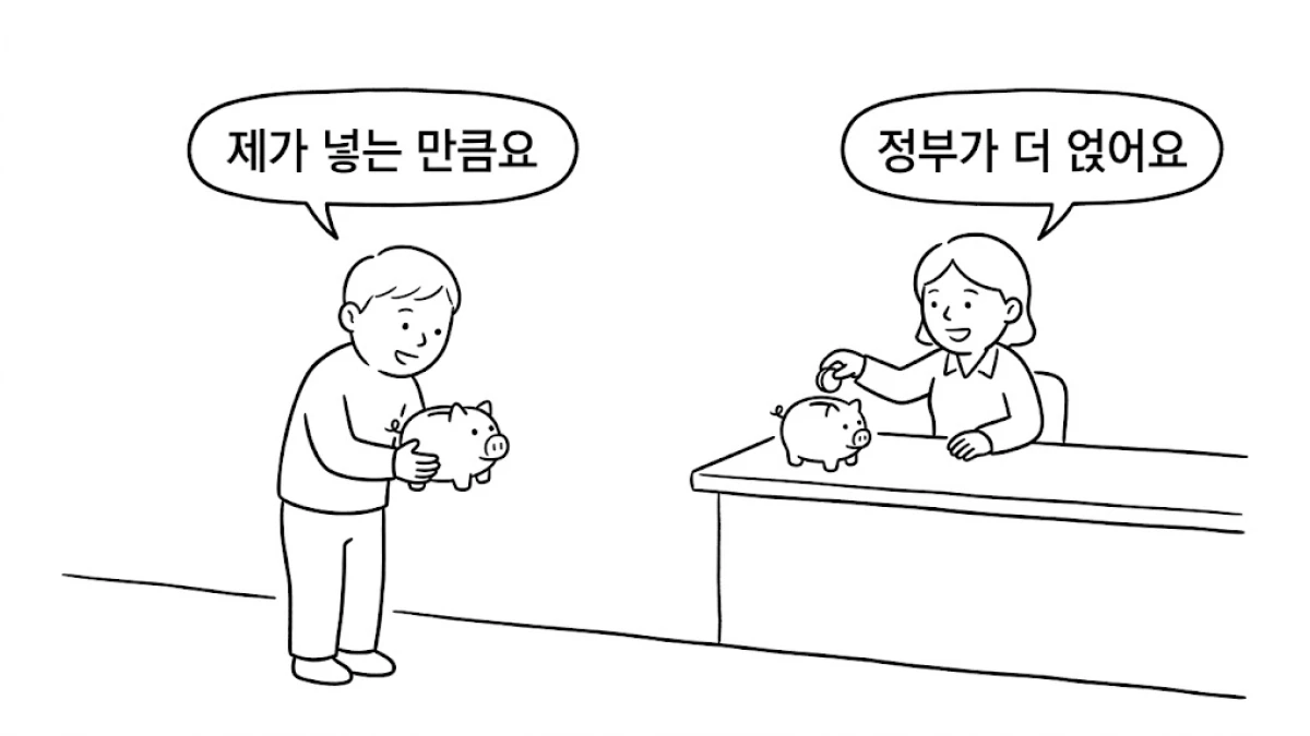 매달 넣는 돈에 정부가 얹어 주는 것을 통장으로 보여 주는 장면