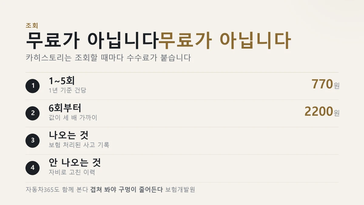 침수차 조회 비용과 조회로 확인되는 범위를 정리한 표