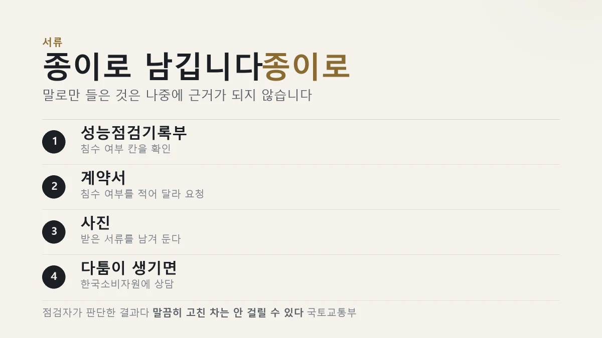 침수차 성능점검기록부와 계약서 확인 항목을 정리한 표
