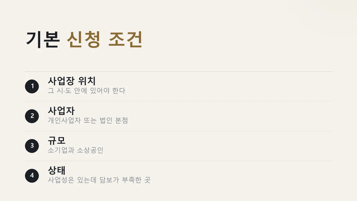 신용보증재단 특례보증의 기본 신청 조건을 정리한 그림