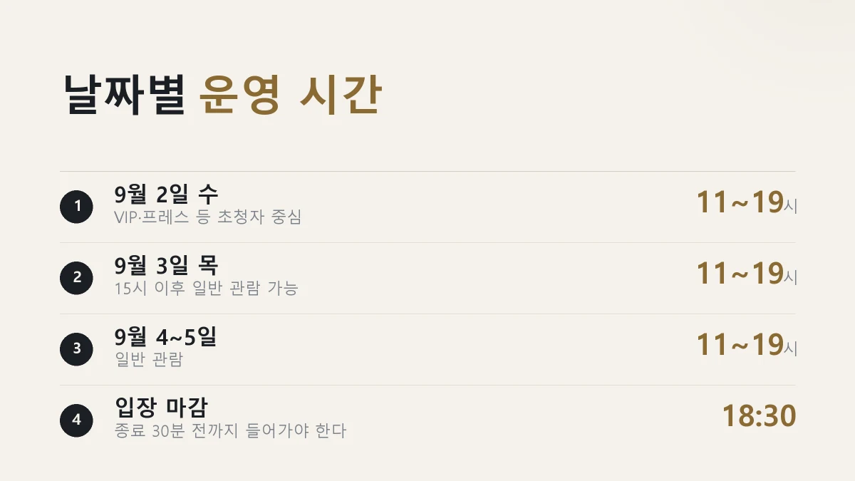 프리즈 서울 날짜별 운영 시간과 입장 조건을 정리한 그림