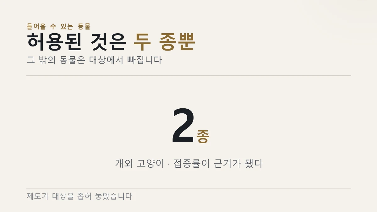 동반 출입이 허용된 동물은 개와 고양이 두 종이다
