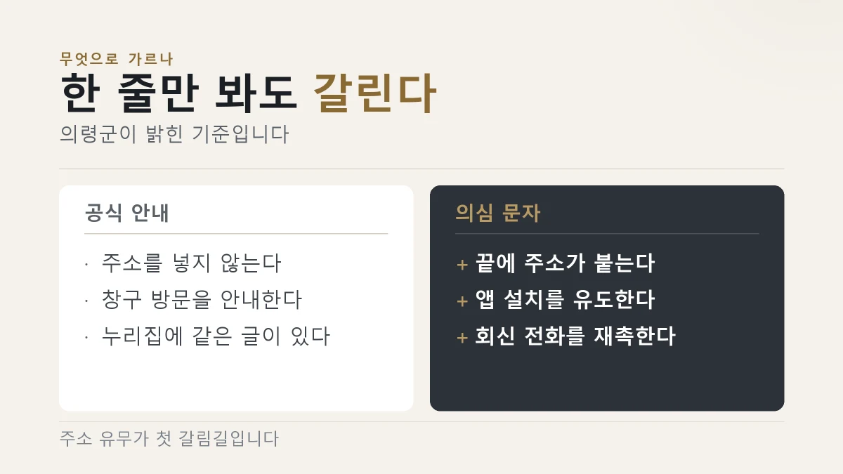 공식 안내와 사칭 문자는 인터넷주소 유무로 갈린다