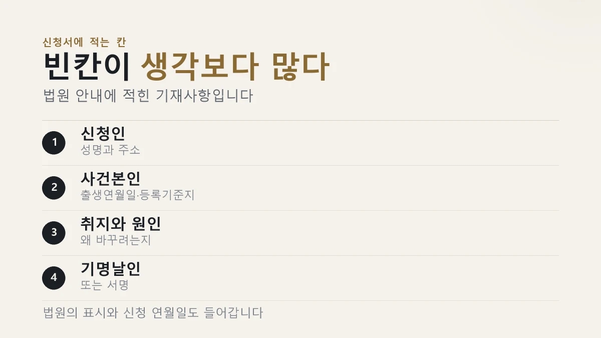 신청서에 적어 넣는 칸이 네 갈래로 나뉜다