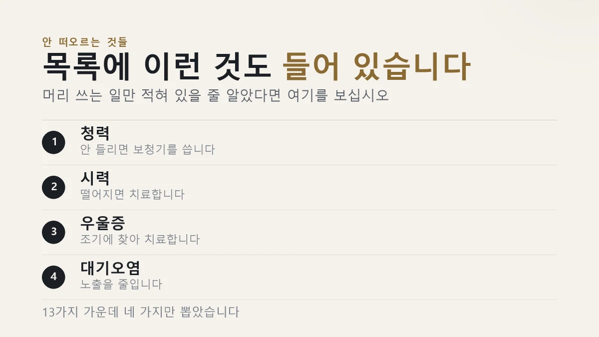 뇌 노화 예방 목록에 든 청력 시력 우울증 대기오염 네 가지 카드