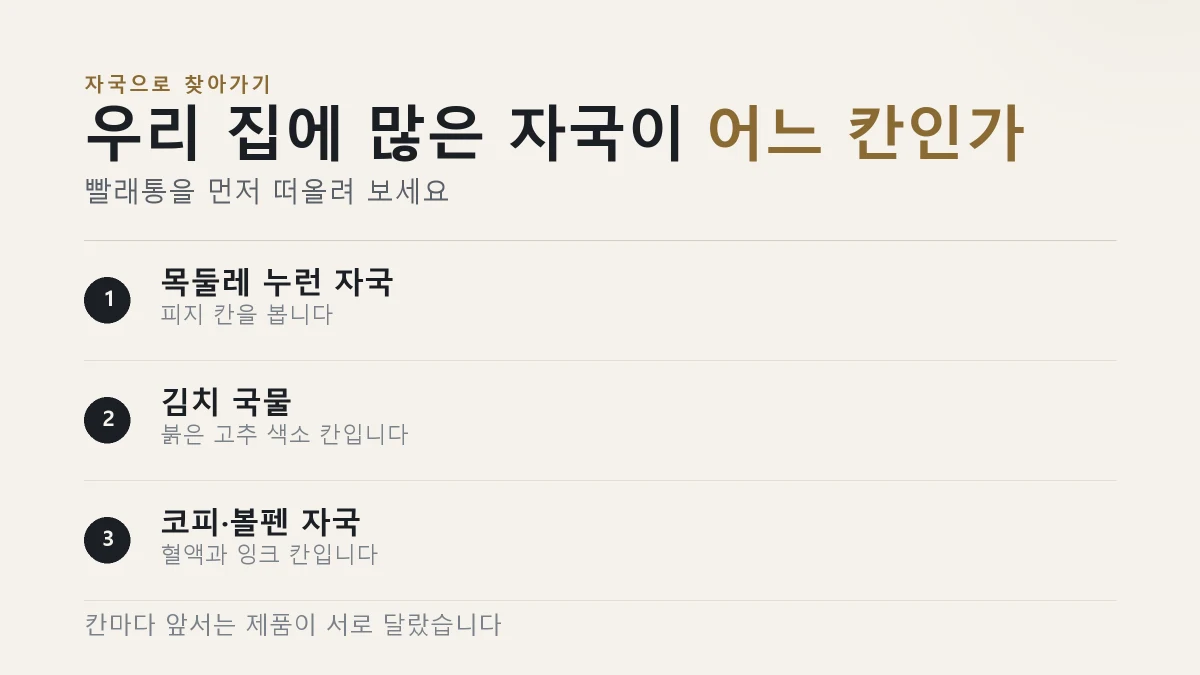 집에서 자주 나는 자국과 시험 항목 연결