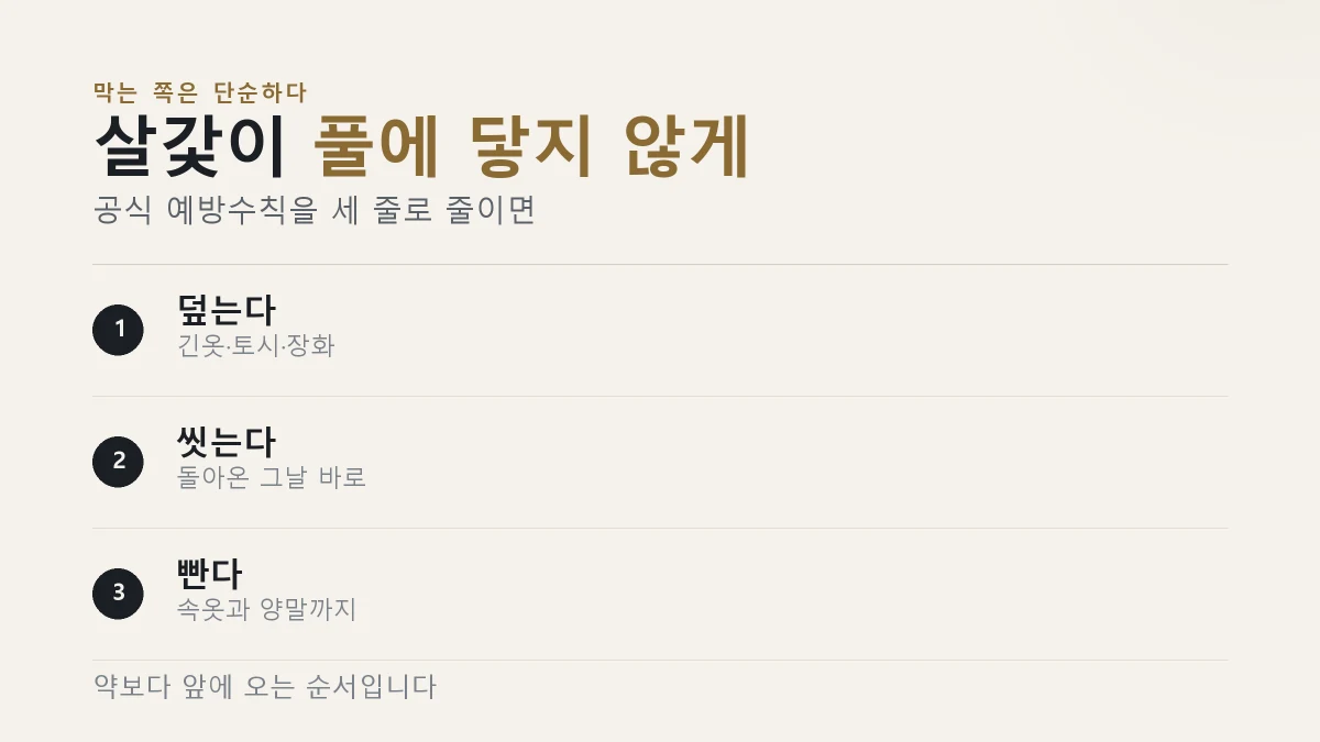 긴팔 긴바지 장화 착용과 야외활동 후 샤워 세탁
