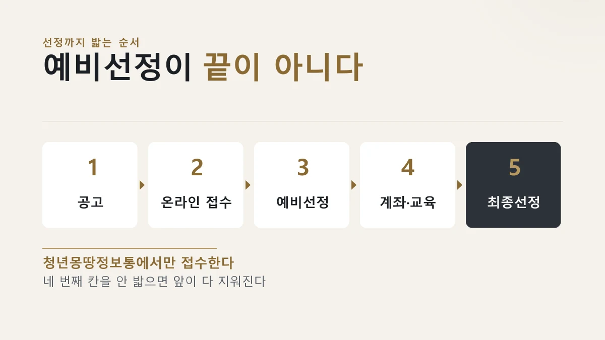 공고 확인부터 온라인 접수와 예비선정을 거쳐 최종 선정까지 이어지는 순서를 보여주는 그림