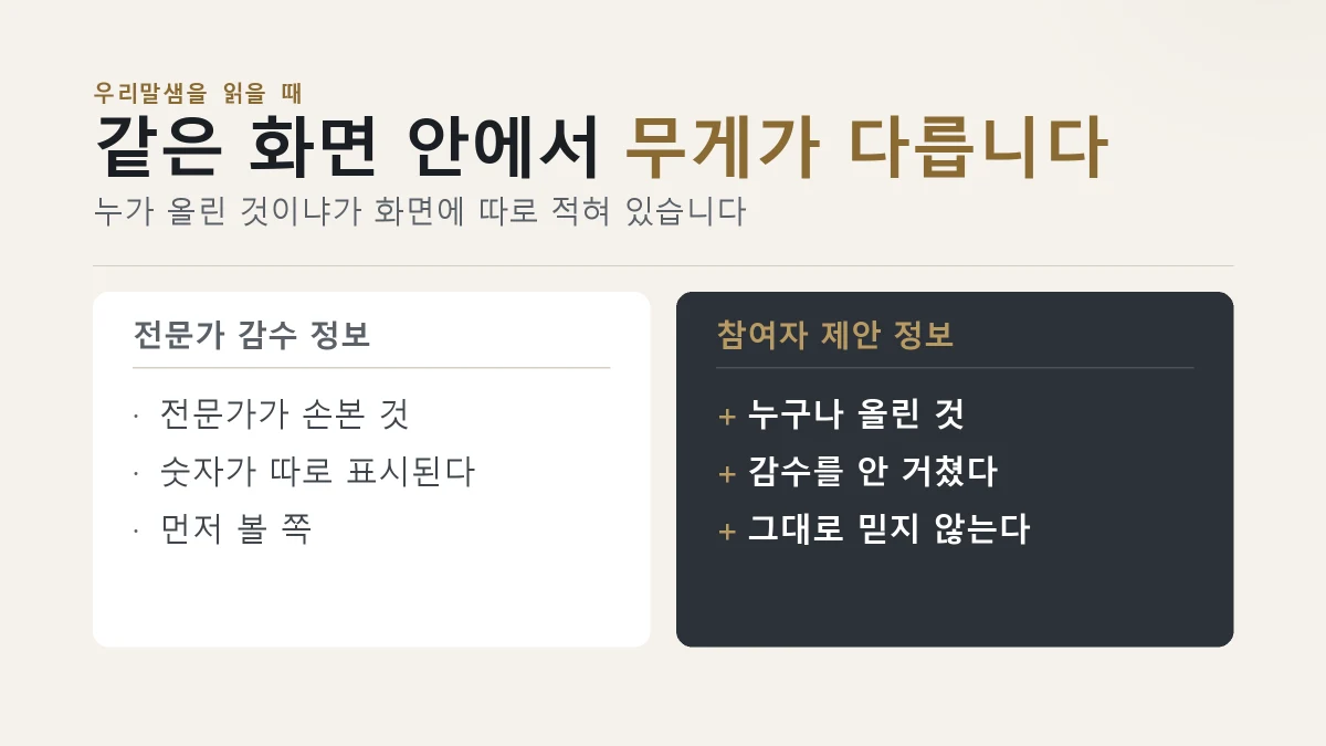 우리말샘의 전문가 감수 정보와 참여자 제안 정보를 나눈 카드