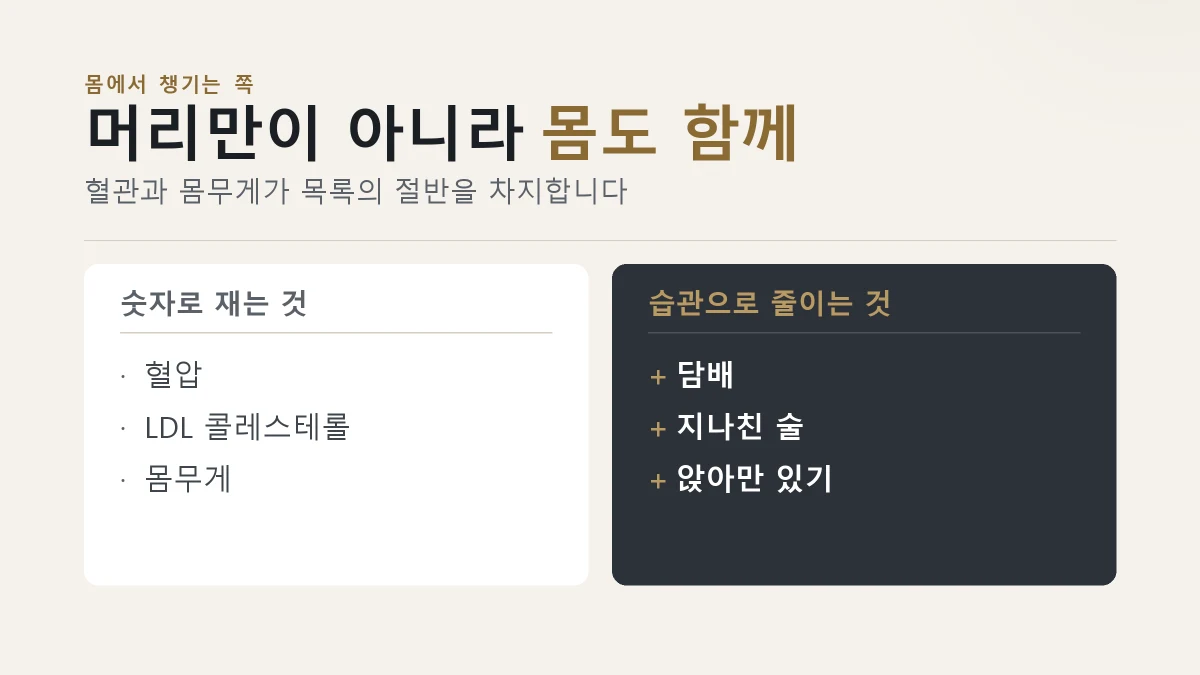 뇌 노화 예방에서 숫자로 재는 것과 습관으로 줄이는 것을 나눈 카드