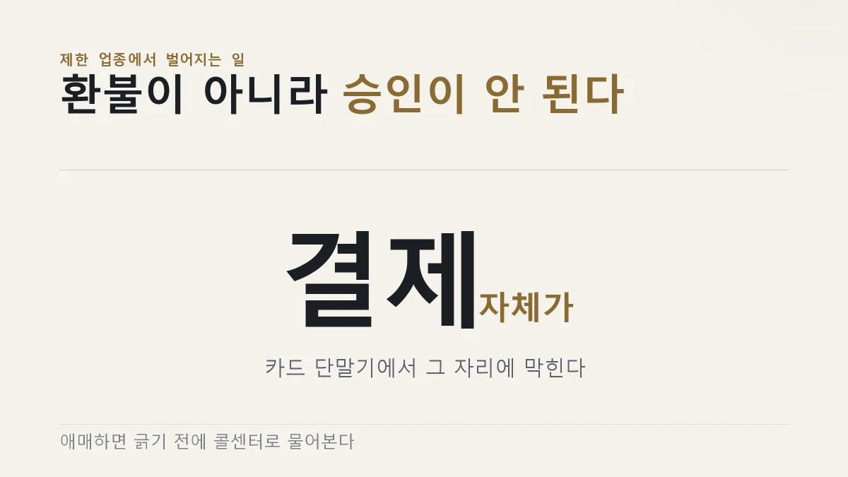 제한 업종에서는 환불이 아니라 결제 승인 자체가 막힌다는 것을 보여주는 그림