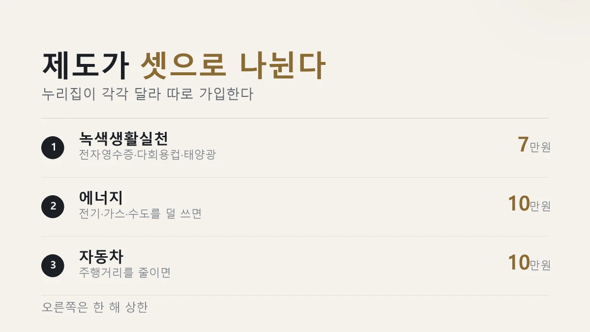 탄소중립포인트 녹색생활실천 7만원 에너지 10만원 자동차 10만원 상한 비교