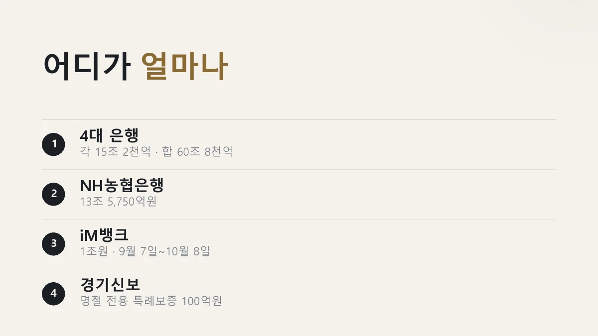KB국민 신한 하나 우리 4대 은행이 각각 15조 2천억원씩 공급한다는 것을 정리한 그림