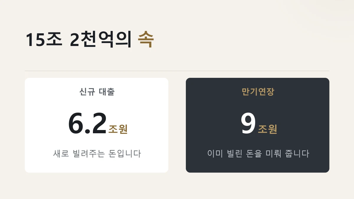 KB국민은행 15조 2천억원이 신규 대출 6조 2천억원과 만기연장 9조원으로 나뉜다는 것을 정리한 그림