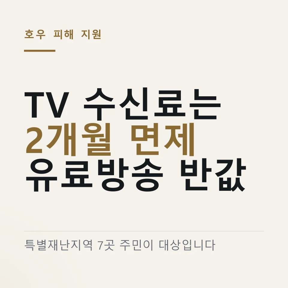 호우 피해 특별재난지역 주민에게 수신료 2개월 면제와 유료방송 반값 감면이 지원된다는 것을 정리한 그림