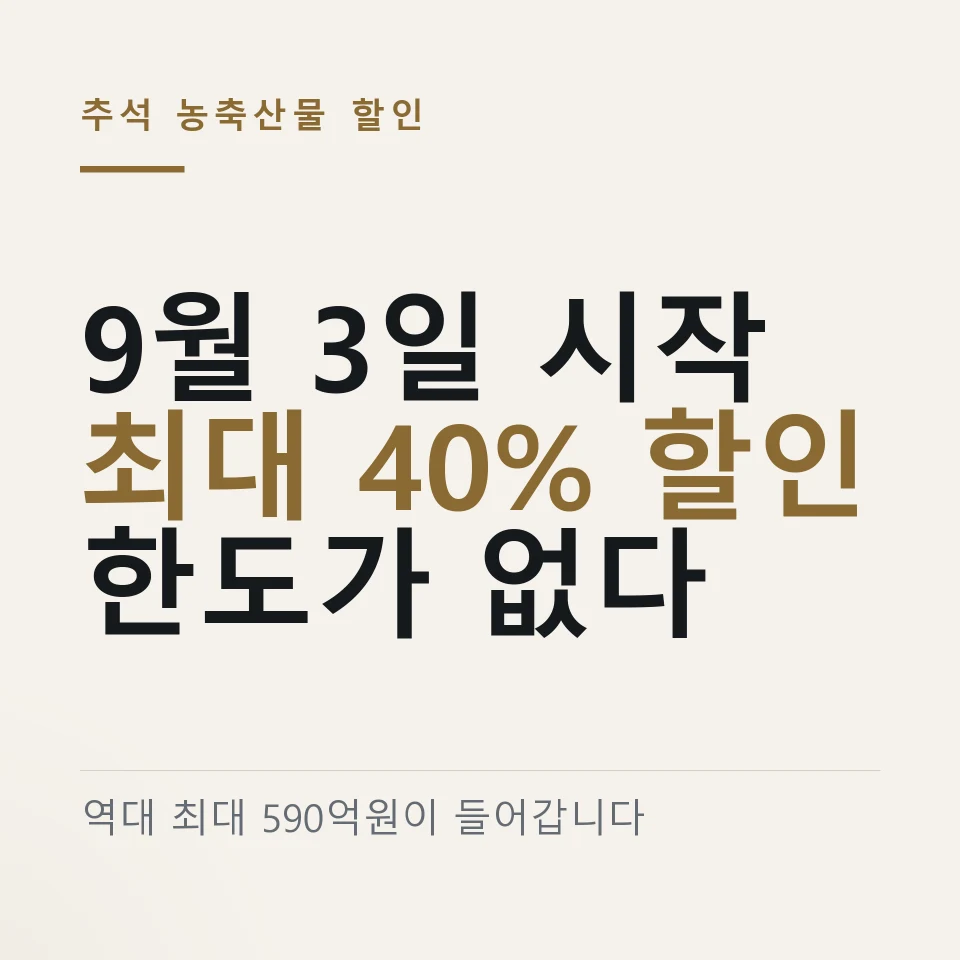 추석 농축산물 할인지원 9월 3일 시작 ｜ 최대 40% 할인 · 1인당 한도 없음 · 농할상품권 20% · 온누리 30% 환급 가이드