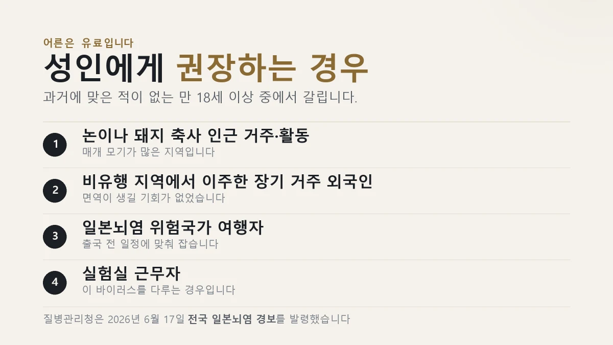 일본뇌염 성인 유료 접종 권장 대상 네 가지