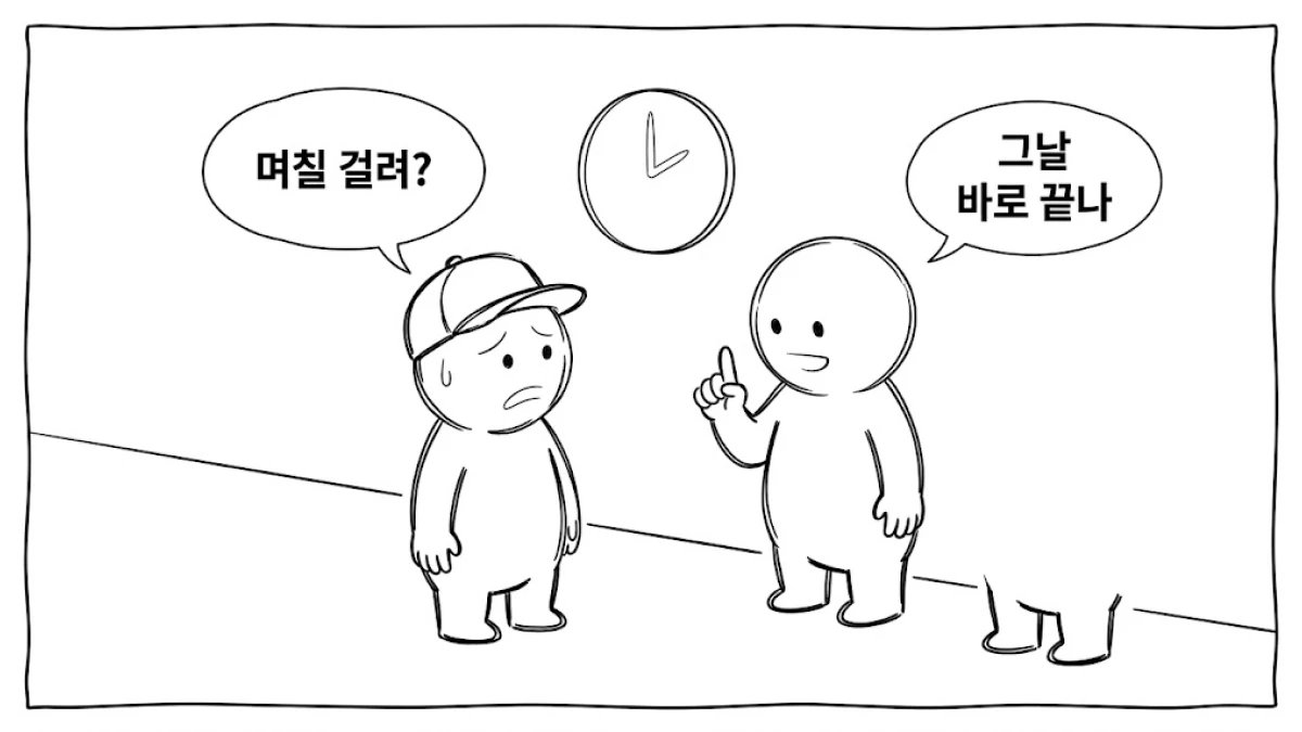 벽시계를 올려다보는 두 사람 만화
