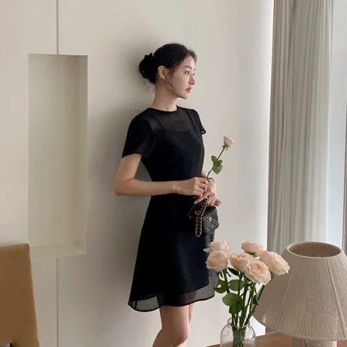 (국내제작) 오간자 시스루 하트넥 쉬폰 반팔 플레어 롱 원피스 op15973
