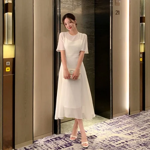 2기장 시스루 하트넥 쉬폰 플레어 원피스 op15821