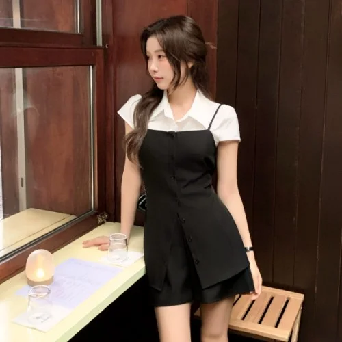 [자체제작] (MADE) 버튼 뷔스티에 실버 펜던트 하프밴딩 쇼츠 투피스 셋업 st3120