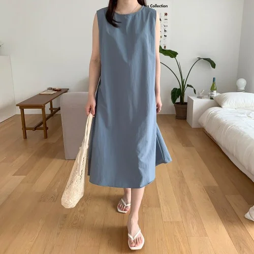 바스락 여름 원피스 오버핏 민소매 롱원피스 나시 레이어드 바캉스 휴양지 블랙 소라 그레이