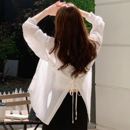 링클 시스루 백 리본 포인트 텐셀 오버핏 셔츠 bs8749