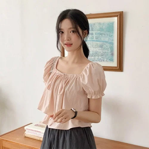 밴딩 리본 캉캉 반팔 블라우스 bs8205