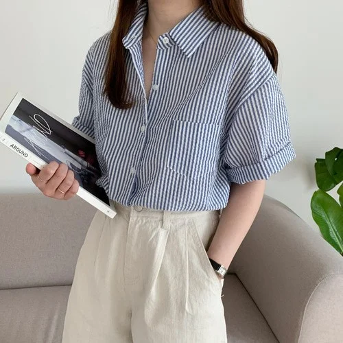 스트라이프 셔츠 시어서커 오버핏 여성 반팔 셔츠 블라우스 여름 남방 휴양지 블랙 핑크