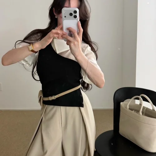 아튜 여성 크롭 여름 레이어드 이너 골지 언발 트임 나시 티